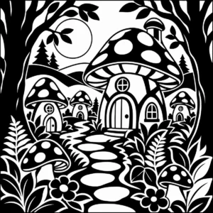 Moonlit monochrome mushroom village with winding paths and storybook cottages.