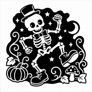 Dancing top-hatted skeleton surrounded by pumpkins and playful Halloween details.