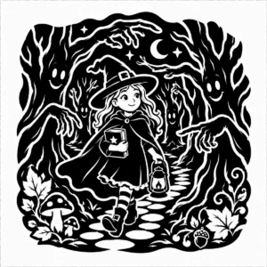 Young witch following glowing forest spirits along a winding moonlit path.