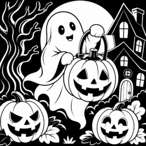 Friendly ghost carrying a lantern and pumpkin treat bucket beneath the moon.