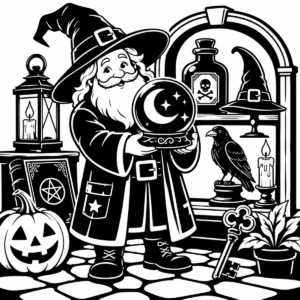 Cheerful witch behind an apothecary counter filled with bottles, jars and pumpkins.