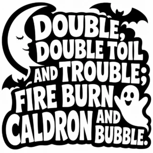 Bold monochrome lettering reading Double, Double, Toil and Trouble.