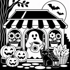 Friendly ghost tending a striped-awning flower shop with blooms and pumpkins.