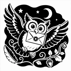 Wide-eyed owl flying through the night with a sealed magical letter.