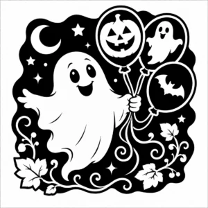 Smiling ghost floating with pumpkin and ghost balloons beneath a starry sky.