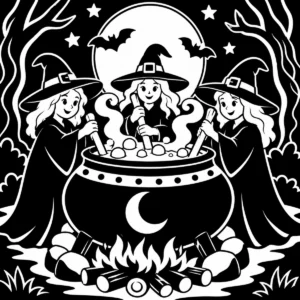 Three witches brewing around a bubbling cauldron beneath a full moon.