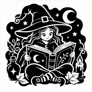 Young witch reading an open spellbook beneath a moonlit magical sky.