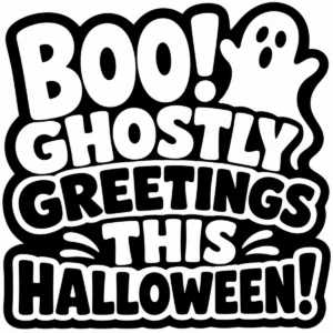 Bold monochrome lettering reading Boo! Ghostly Greetings This Halloween!
