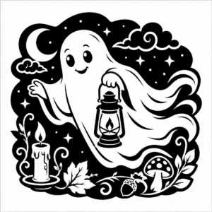 Friendly ghost carrying a lantern beneath a sky filled with stars and pumpkins.