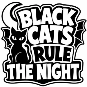 Bold monochrome lettering reading Black Cats Rule the Night.