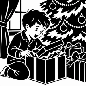 Monochrome child kneeling beside a newly opened Christmas present beneath the tree.