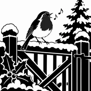 Singing robin perched on a snowy garden gate in a peaceful winter landscape.