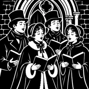 Victorian Christmas carolers singing outside a Gothic church doorway.
