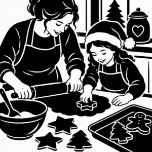 Parent and child baking Christmas cookies together in a warm kitchen scene.