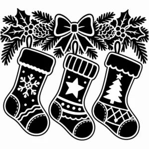 Three large Christmas stockings hanging beneath a festive bow with holly.