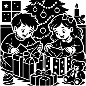 Two children opening presents together beside a decorated Christmas tree.