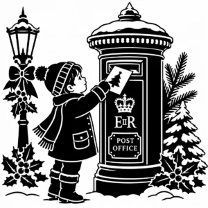 Child posting a Christmas card into a Victorian postbox in a snowy setting.