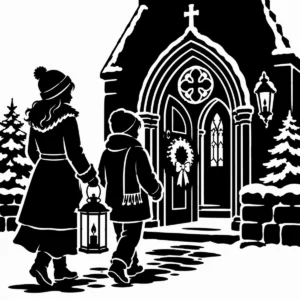 Bundled figure carrying a lantern along a snowy path towards a Gothic church.