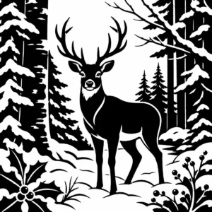 Majestic stag standing among snow-covered trees in a quiet winter woodland.