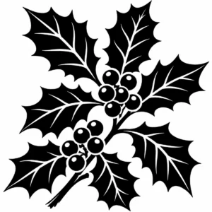 Bold monochrome holly leaves and clustered berries in a classic Christmas study.