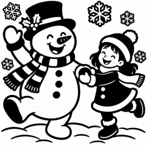 Happy snowman and little girl dancing together beneath falling snow.