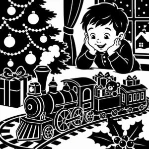 Vintage toy train beneath a decorated Christmas tree with a delighted child nearby.