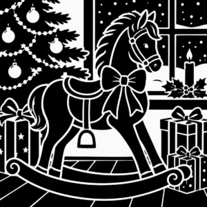 Traditional Christmas rocking horse beside wrapped presents and a decorated tree.