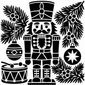 Traditional nutcracker surrounded by oversized baubles, evergreen branches and bows.
