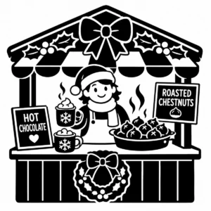 Festive Christmas market stall serving hot chocolate and roasted chestnuts.