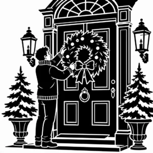 Figure hanging a Christmas wreath on a grand front door with lanterns and snow.