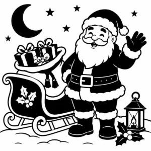 Cheerful Santa beside a gift-filled sleigh beneath the moon and stars.