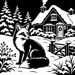 Fox standing in the snow outside a cosy cottage among fir trees.