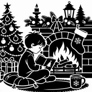Child reading a Christmas story beside the fireplace and decorated tree.