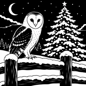Barn owl perched on a snowy fence beneath a tall Christmas tree and stars.
