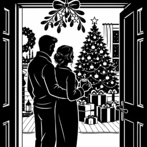 Couple sharing a Christmas moment beneath mistletoe in an open doorway.