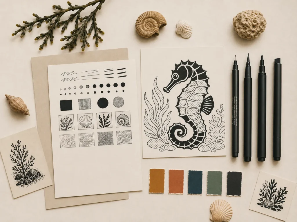 Black pens beside a Miss Dolly Studios seahorse colouring design, with coastal shells and seaweed arranged on a warm neutral background.