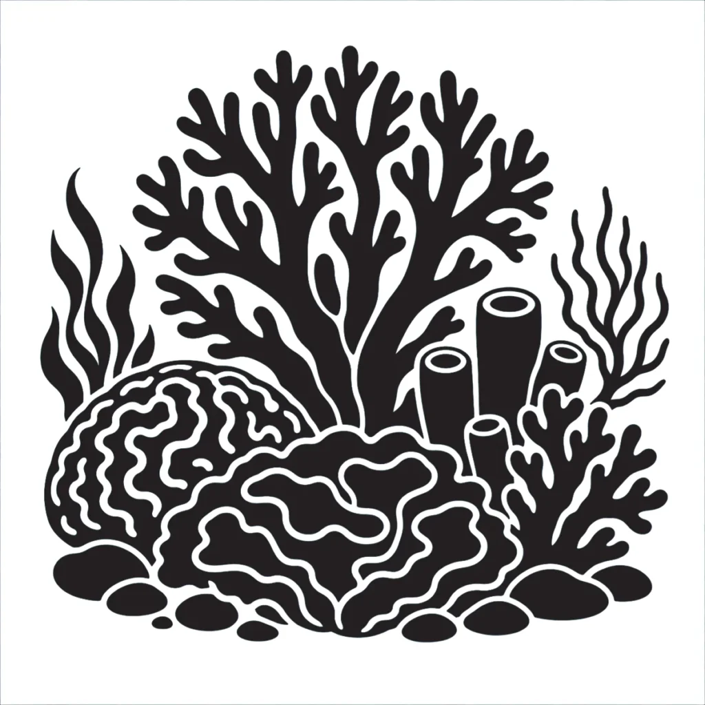 A coloured-in image of a mixed coral display colouring page