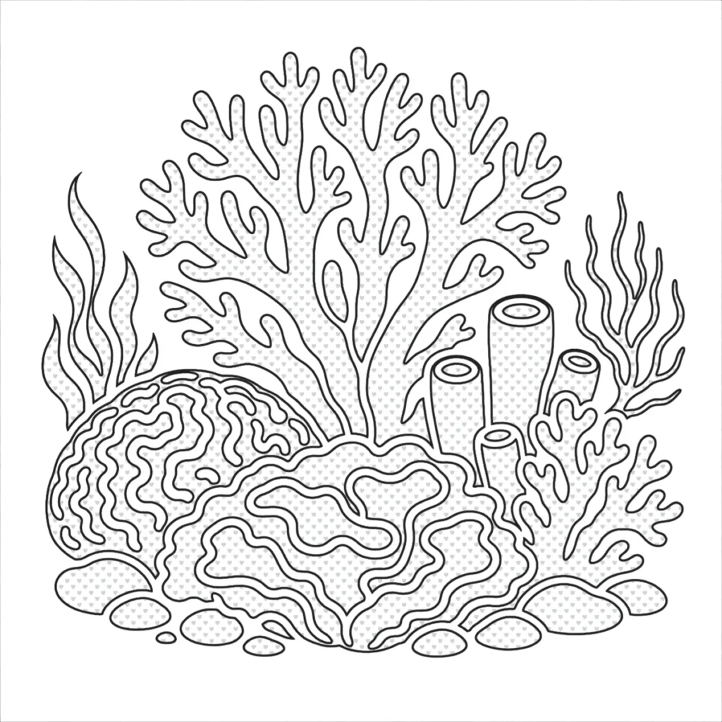 An uncoloured image of a mixed coral display colouring page