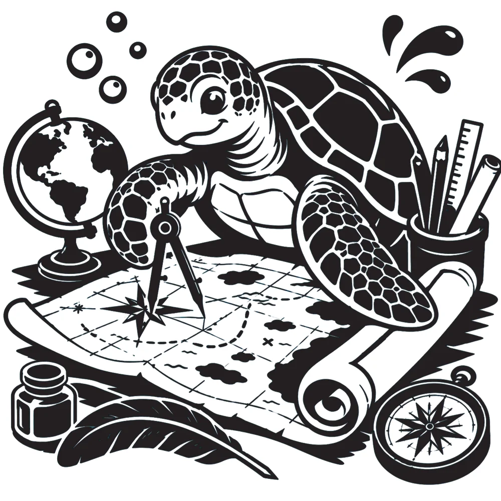 A coloured-in image of a sea turtle cartographer at work