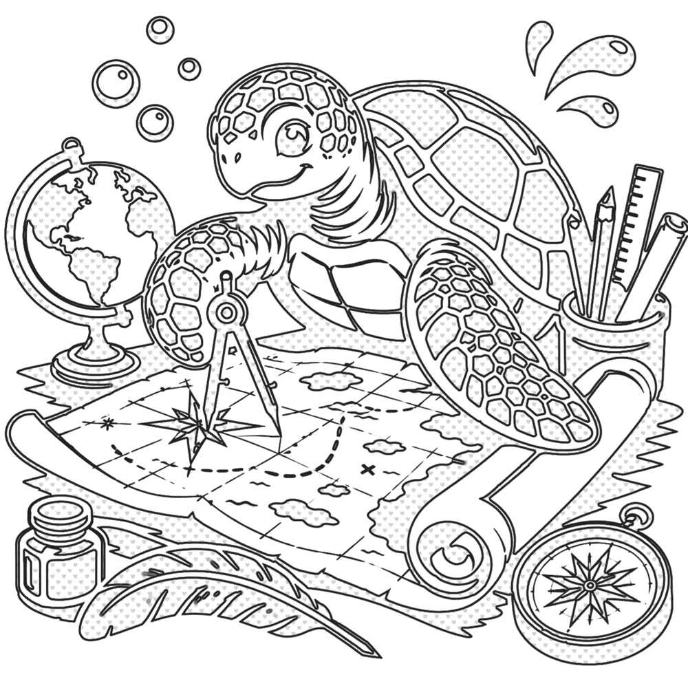 An uncoloured image of a sea turtle cartographer at work