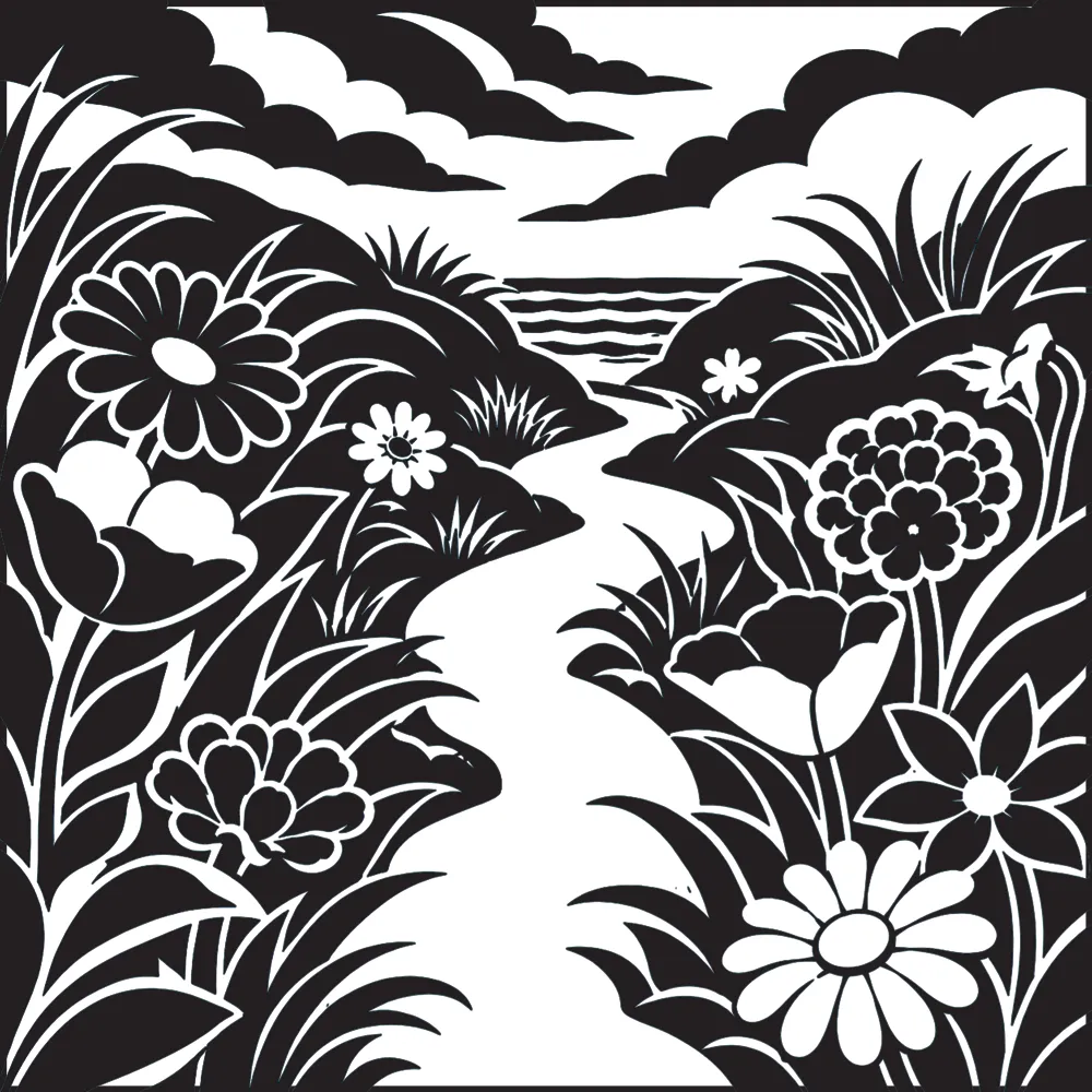 A coloured-in image of coastal dune wildflower path