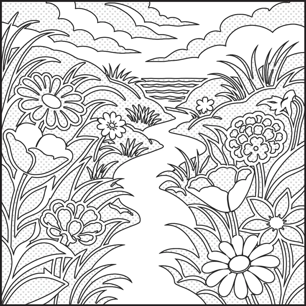 An uncoloured image of coastal dune wildflower path