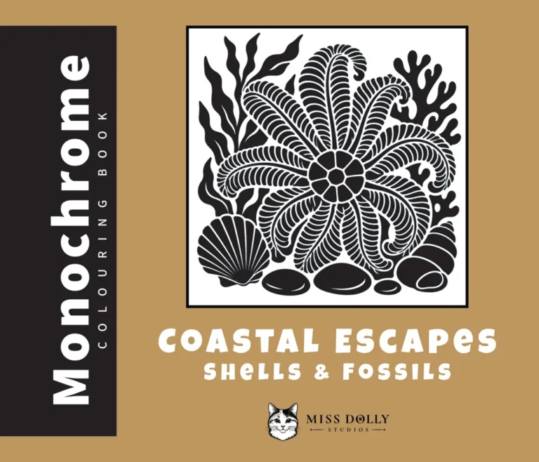 Cover of Coastal Escapes: Shells & Fossils monochrome colouring book by Miss Dolly Studios.