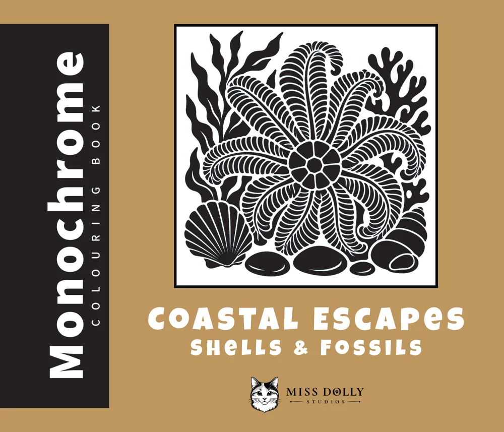 Cover of Coastal Escapes: Shells & Fossils monochrome colouring book by Miss Dolly Studios.