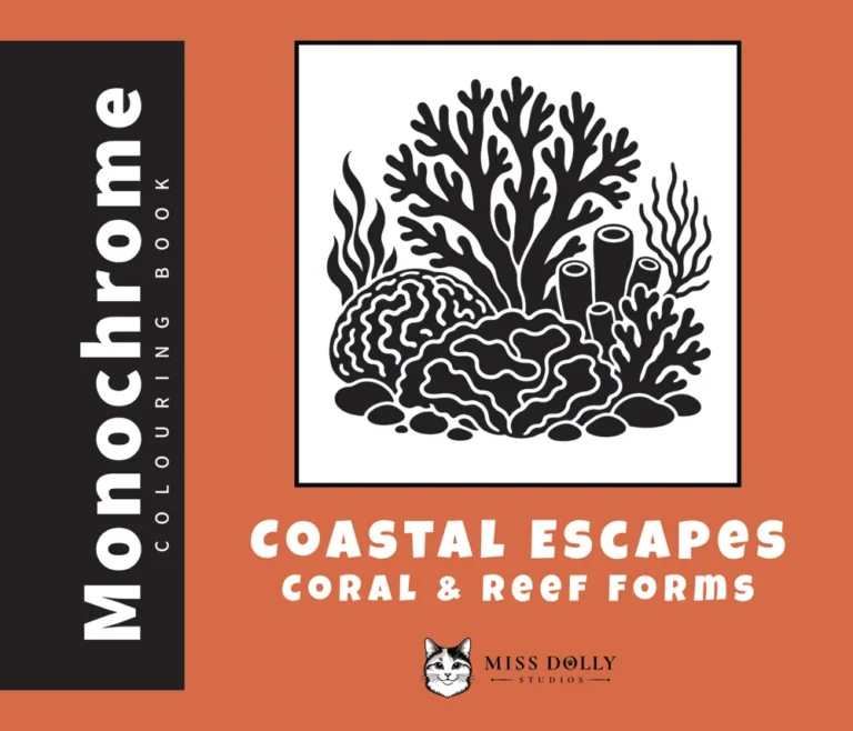Cover of Coastal Escapes: Coral & Reef Forms monochrome colouring book by Miss Dolly Studios.