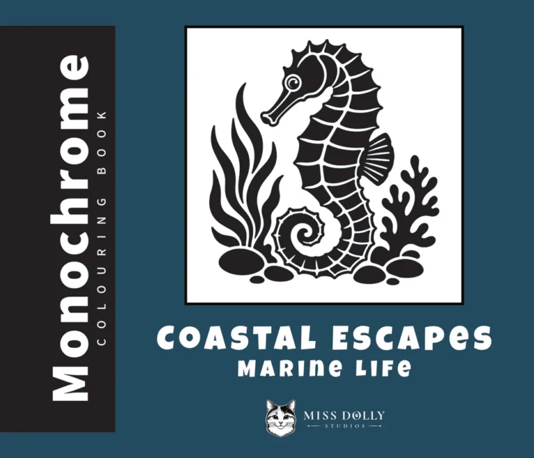 Cover of Coastal Escapes: Marine Life monochrome colouring book by Miss Dolly Studios.