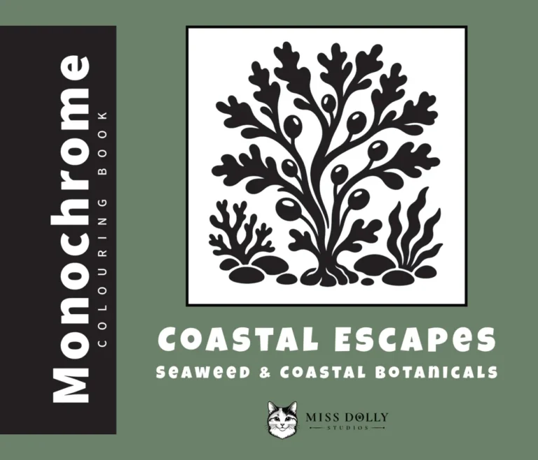 Cover of Coastal Escapes: Seaweed & Coastal Botanicals monochrome colouring book by Miss Dolly Studios.