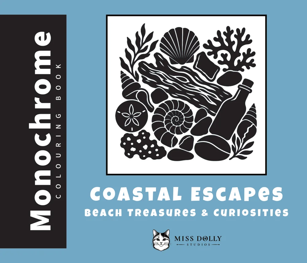 Cover of Coastal Escapes: Beach Treasures & Curiosities monochrome colouring book by Miss Dolly Studios.