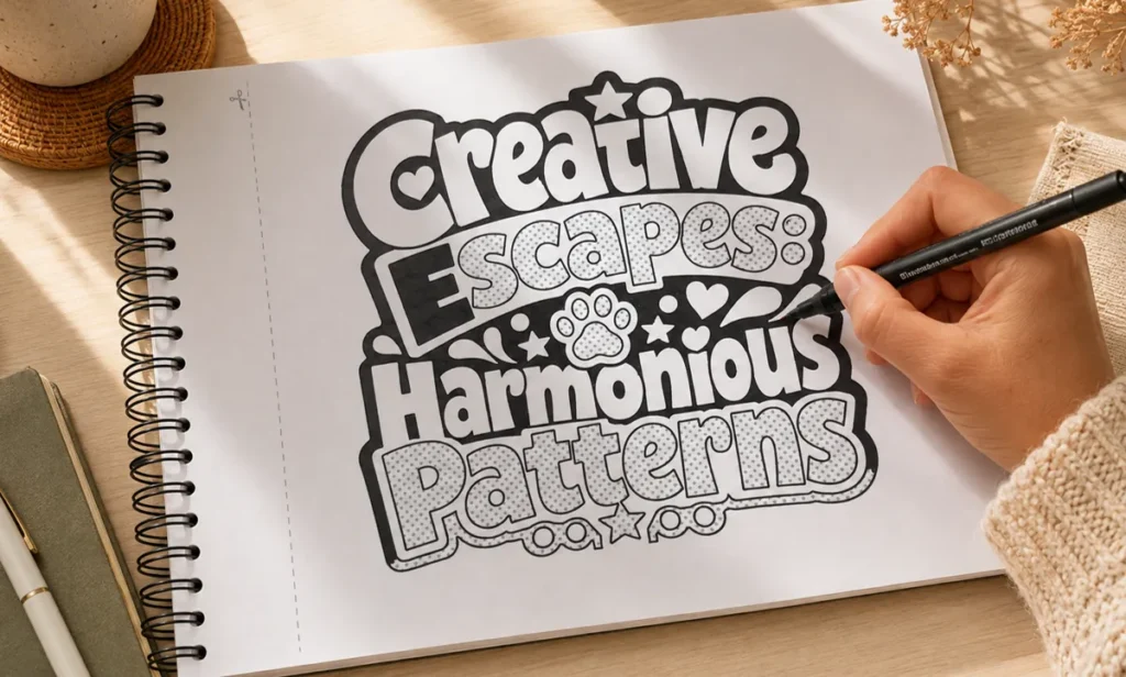 A colouring-in page with the words Creative Escapes: Harmonious Patterns