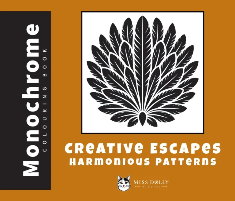 Cover of Creative Escapes: Harmonious Patterns monochrome colouring book by Miss Dolly Studios.